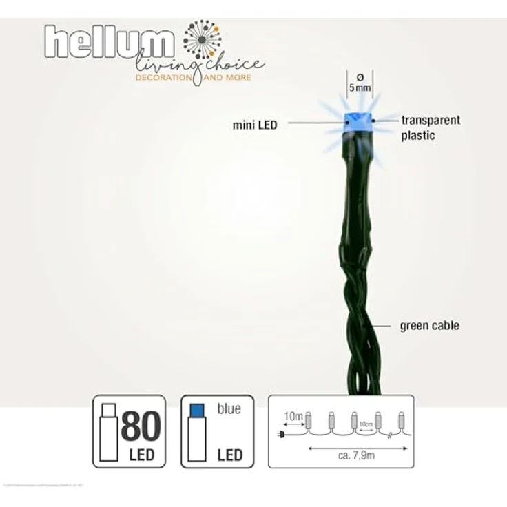 hellum LED Lichterkette außen, 80 LED Lichterkette outdoor strom 7,9m, mit Timer, Lichtfarbe blau, mit Stecker Außenlichterkette – Bild 3