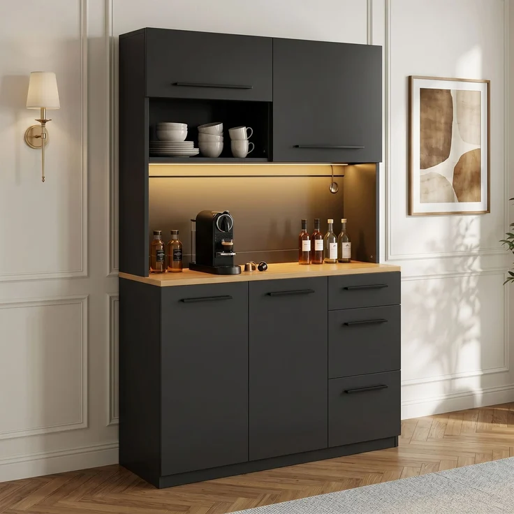 Buffetschränke, Esszimmer-Hochschrank 120×40×180 cm, mehrstufigem Stauraum, integrierter Steckdose sowie USB-C- und USB-A-Anschlüssen,Mit farbigem Lichtstreifen, Schwarz – Bild 5