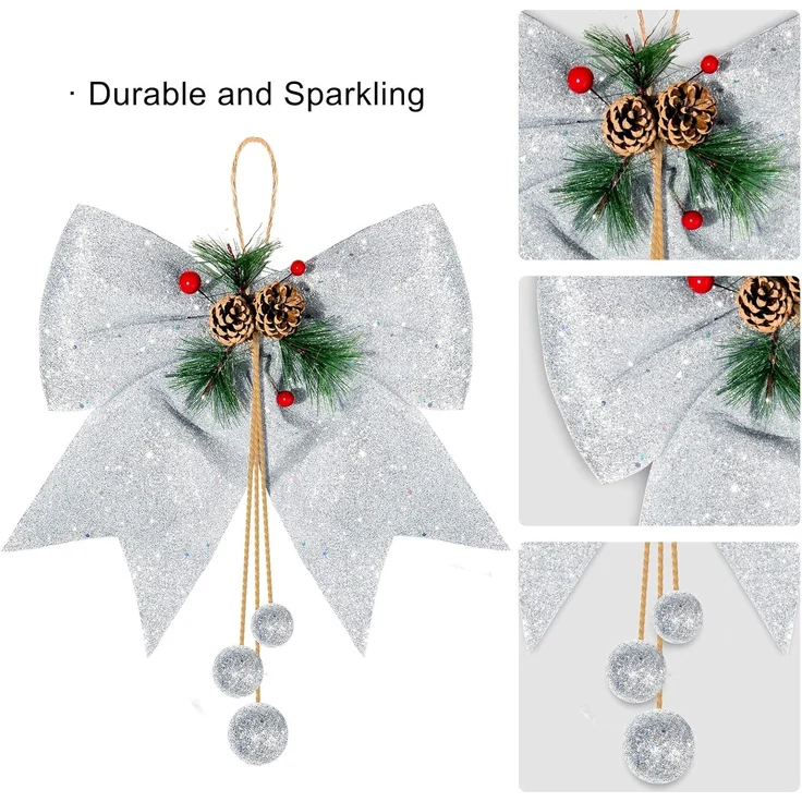 Set 4 Weihnachtskranz-Schleifen, 25x30cm, Glitzer & funkelnd, Weiß – Bild 3