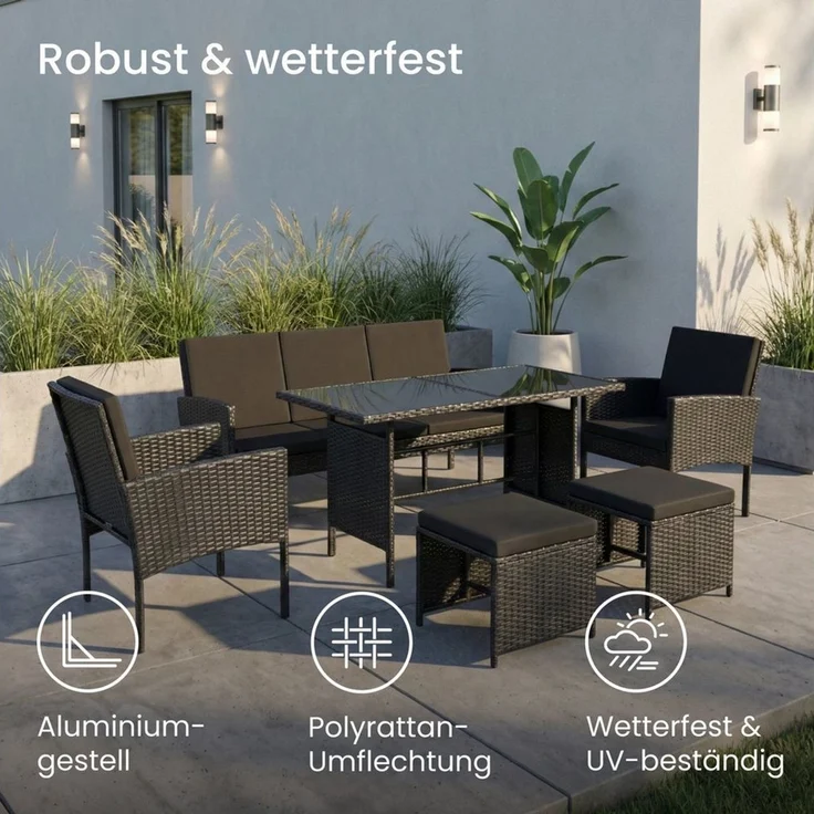 Home Collective Gartenlounge-Set Gartenmöbel Set 7-Sitzer Outdoor Sitzgruppe Möbel Lounge Polyrattan, (inkl. Esstisch mit gehärteter Glasplatte), 3-Sitzer Sofa, 2 Stühle, 2 Hocker Polyrattan Schwarz schwarze Kissen – Bild 1