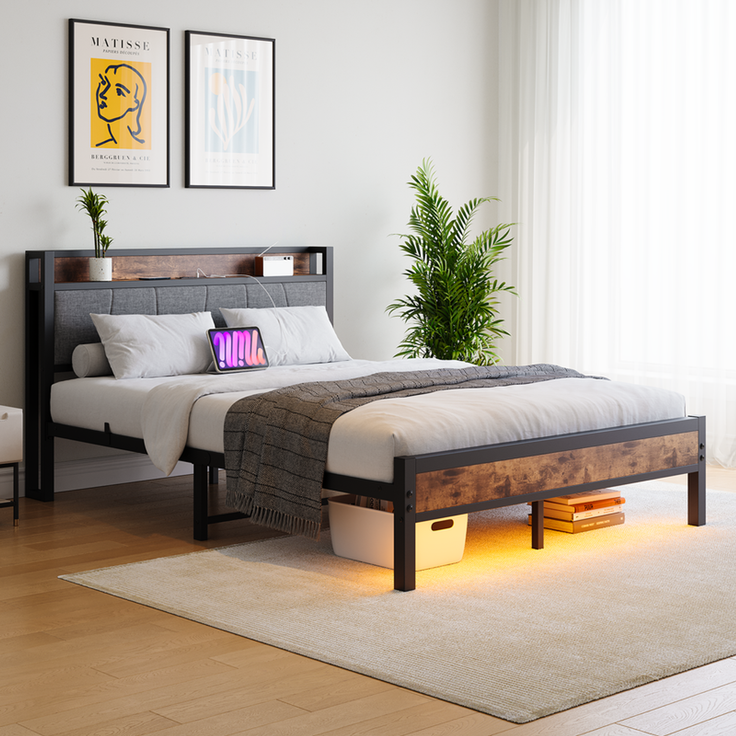 Homerecommend Metallbett 120x200 cm, Einzelbett und Jugendbett, mit RGB-LED-Beleuchtung und 2 USB-Anschlüssen, Vintage Braun & Schwarz