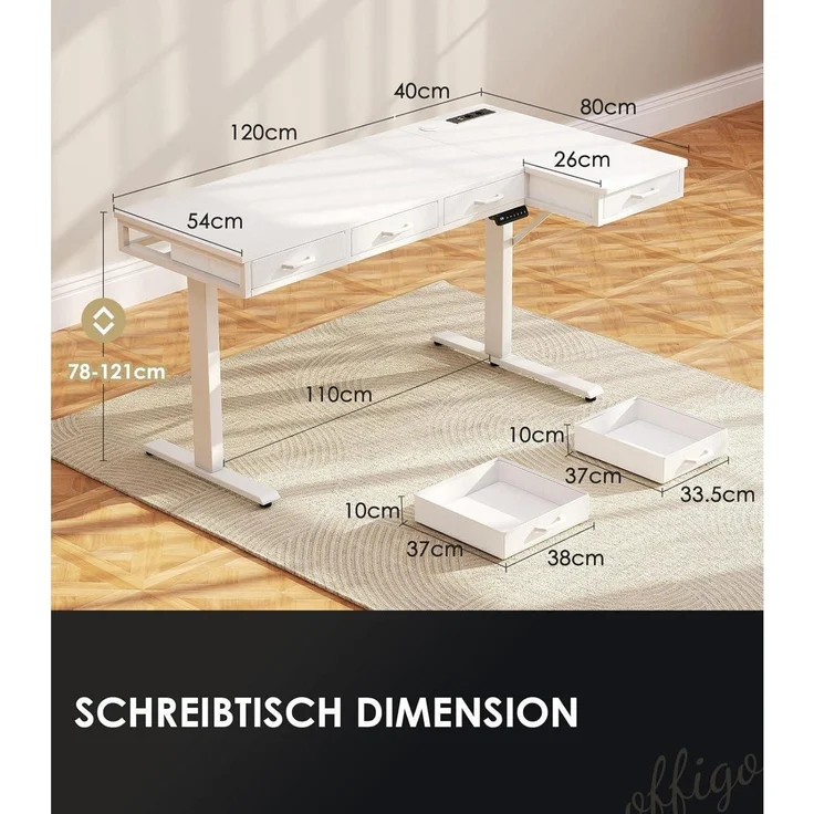 Eckschreibtisch Höhenverstellbar Elektrisch LForm 160 x 80 cm Weiß – Bild 3