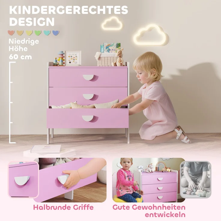 AIYAPLAY Kinderkommode, MDF, Rosa, 60L x 40B x 60H cm – Bild 5