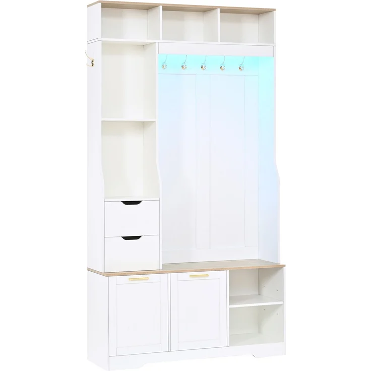 Kompaktgarderobe 100x32x186 cm in Weiß mit Sitzbank, Schuhfächern und App-LED – Bild 7