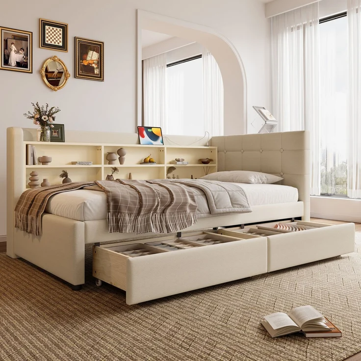 Daybett 90x200 cm mit 2 Schubladen, USB- & Typ-C-Anschlüssen, gepolstertem Leinenbezug und elegantem Knopfdesign, Beige – Bild 1