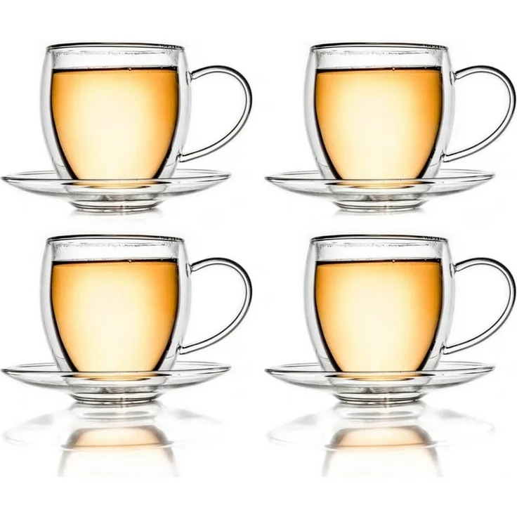 Creano Teeglas Thermotasse bauchig mit Untersetzer 250ml, 4er Set, Borosilikatglas, Mit Untertasse und Henkel