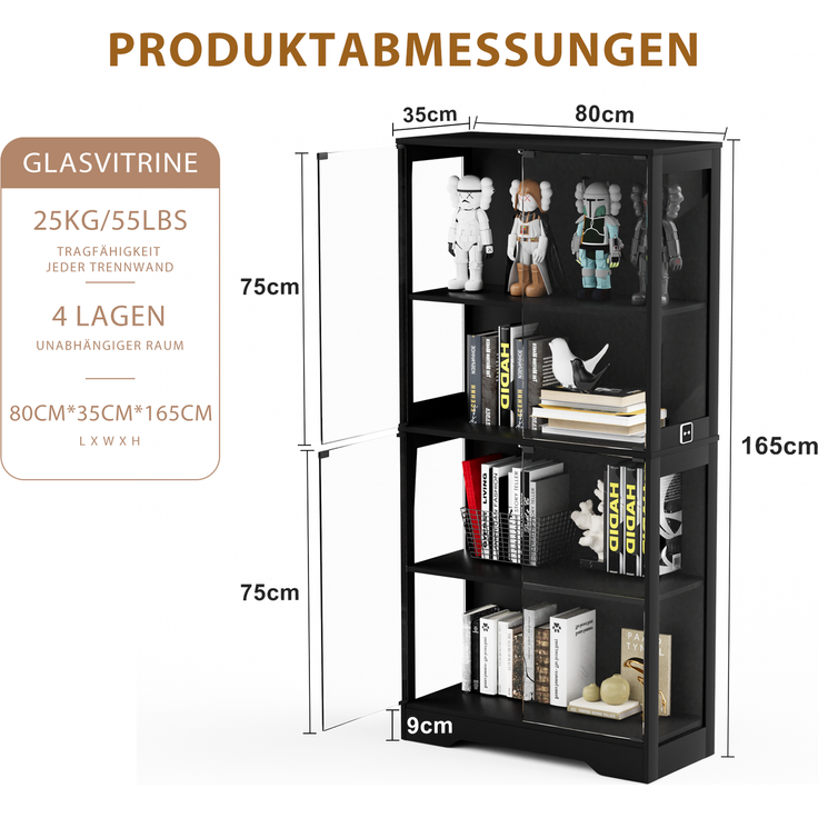 Vierstöckige Glasvitrine mit Stauraum, LED-Beleuchtung, Glastüren und intelligenten Sensoren, Als Glasvitrine für Wohnzimmer, Schlafzimmer und Büros geeignet, Schwarz--Schwarz--80x35x165cm--YOUDENOVA – Bild 6