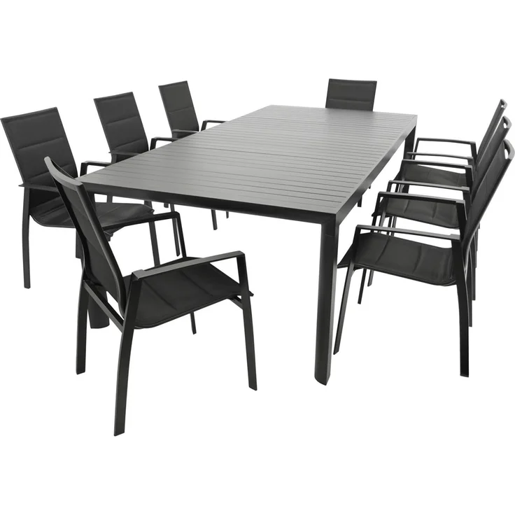 DEGAMO LAGOS III Gartengarnitur, Aluminium, anthrazit, 9-teilig (8x Stapelsessel, 1x Ausziehtisch 195/255x120cm) – Bild 1