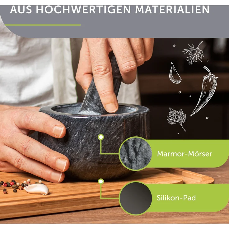 madeco Mörser mit Stößel Marmor Ø 14 cm - Perfekt geeignet für Gewürze, Kräuter & Nüsse - Steinmörser Set mit praktischem Antirutsch-Pad - Design Marmor Mörser & Stößel groß – Bild 5