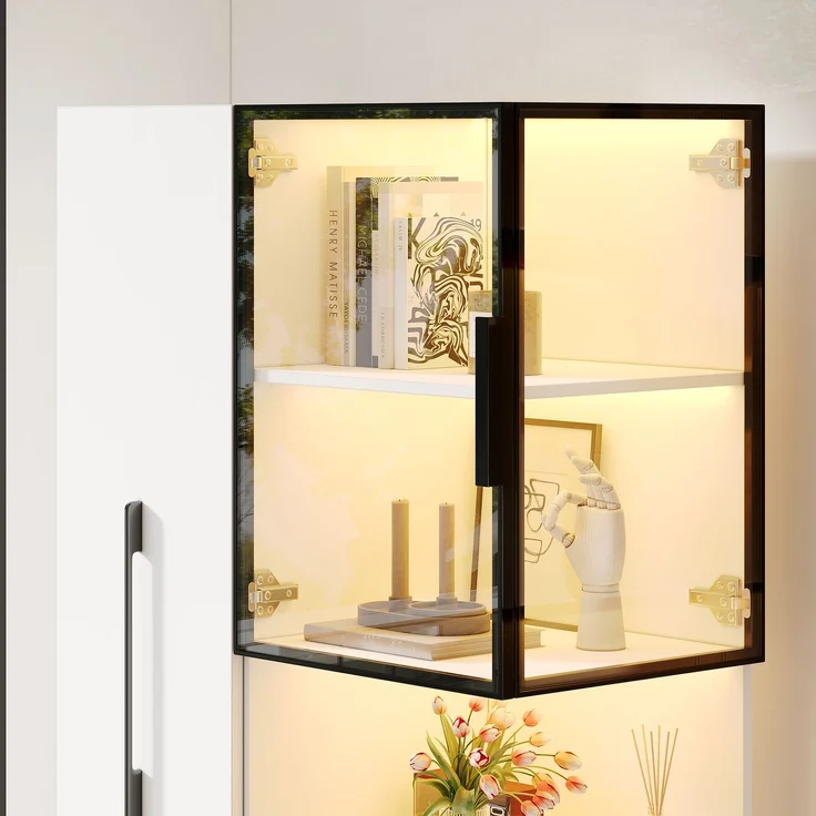 Vitrinenschrank 70×38×160 cm mit Ausziehregal – Doppelglas-Standvitrine LED,Glasvitrine & Aufbewahrung, multifunktionaler Hochschrank für Wohnzimmer, Esszimmer, Küche--Weiß--70x38x160cm--YOUDENOVA – Bild 4