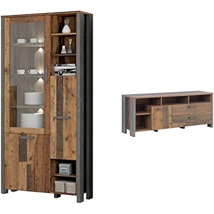Forte Clif Vitrine mit 1 Tür unf 1 Glastür, Wood Vintage/Betonoptik Dunkelgrau, 91,7 x 204,9 x 41,6 cm & Clif TV-Unterschrank mit 1 Tür und 2 Schubkästen, Betonoptik Dunkelgrau, 161 x 63,9 x 41,6 cm