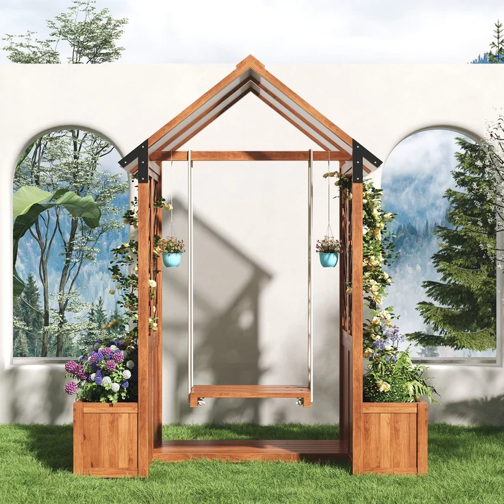 Spalier mit Blumenkasten und Schaukel, Holz-Pflanzengitter, Pflanzkasten, Rankgitter, Rankhilfe – Bild 2