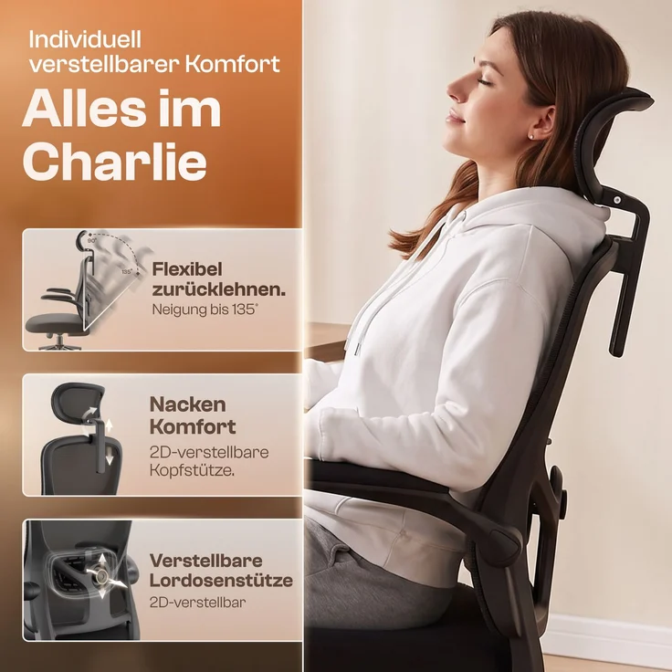 LUTIVO Charlie, ergonomischer Bürostuhl mit atmungsaktivem Mesh, Kopfstütze und Flip-Up Armlehnen, schwarz – Bild 2
