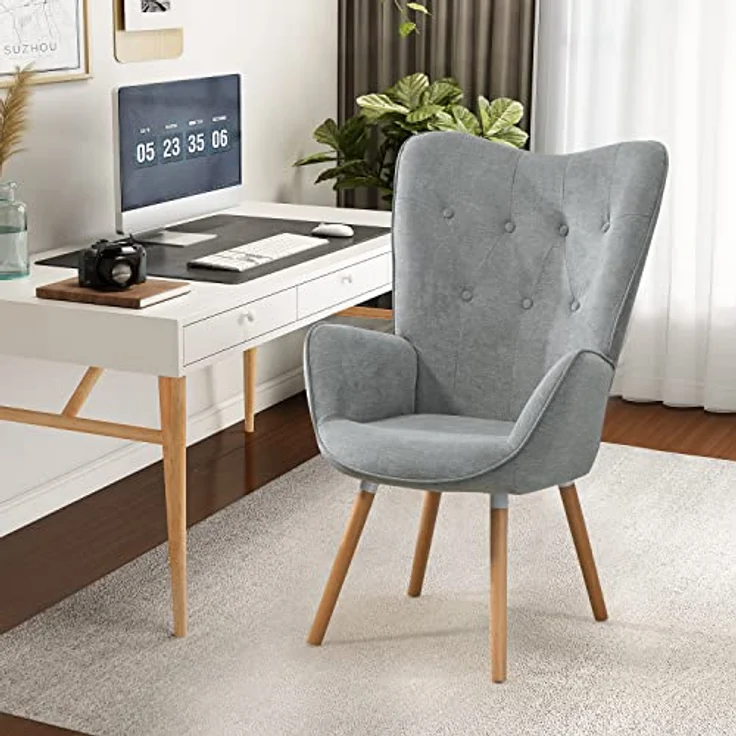 MEUBLE COSY Sessel Wohnzimmer Relaxsessel Lesesessel Lehnstühle Polstersessel Einzelsofa mit Holzbein Ohrensessel für Schlafzimmer Büro Vanity, Stoff, Grau – Bild 5