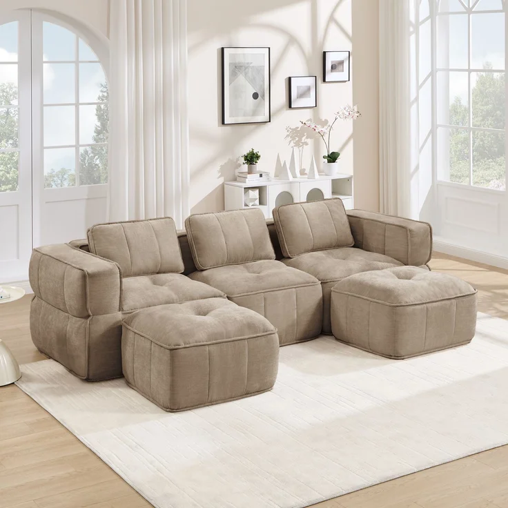 EINHOM 3-Sitzer U-förmiges Modulsofa mit 2 Hockern, ohne Gestell, 32D-Hochdichteschaum, tiefe Sitzfläche, hautfreundlicher, weicher Stoff, ideal für Wohnzimmer, keine Montage erforderlich, Sand – Bild 4