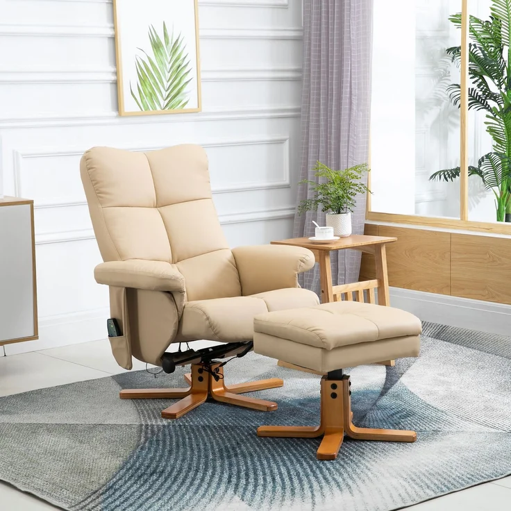 Wohnora-Relaxsessel mit Hocker, 360°drehbarer Fernsehsessel mit Massage, Liegefunktion, Massagesessel mit Seitentasche, TV-Sessel, Kunstleder für Wohnzimmer Cremeweiß,H 990cm x T 800cm x B 860cm – Bild 3