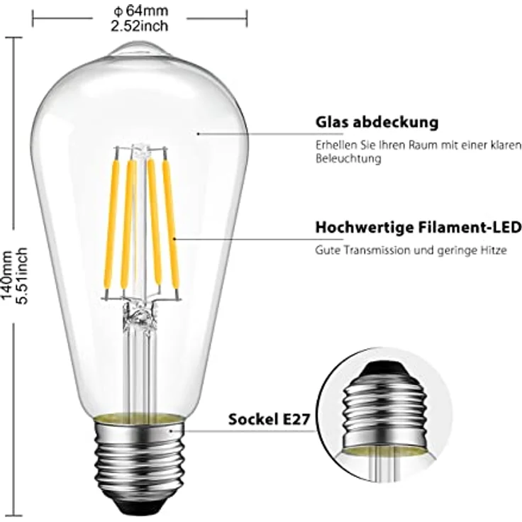 LVWIT 7.5W LED Glühbirne E27 Warmweiß erstezt 75W, Filament Retro Lampe 1055 lm, 2700K Warmweiß für Nostalgie und Retro Beleuchtung im Haus Café Bar (6er Pack) – Bild 6
