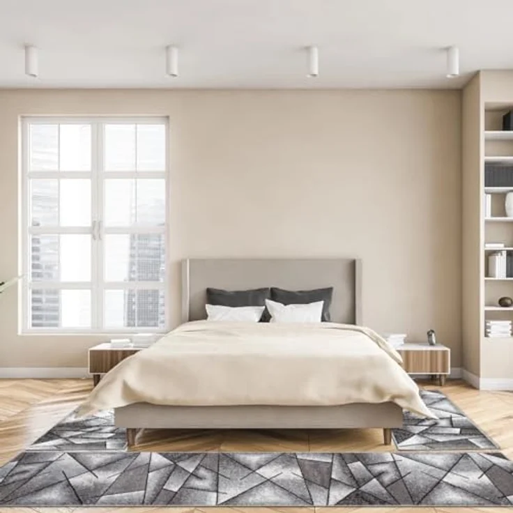 oKu-Tex Bettumrandung 3 teilig, Läufer (67 x 340 cm) + Brücken (2 x 67 x 140 cm), Kurzflor, (Set 3 teilig, 3-tlg), Teppich Schlafzimmer Bettvorleger Set schmal gewebt grau meliert – Bild 3