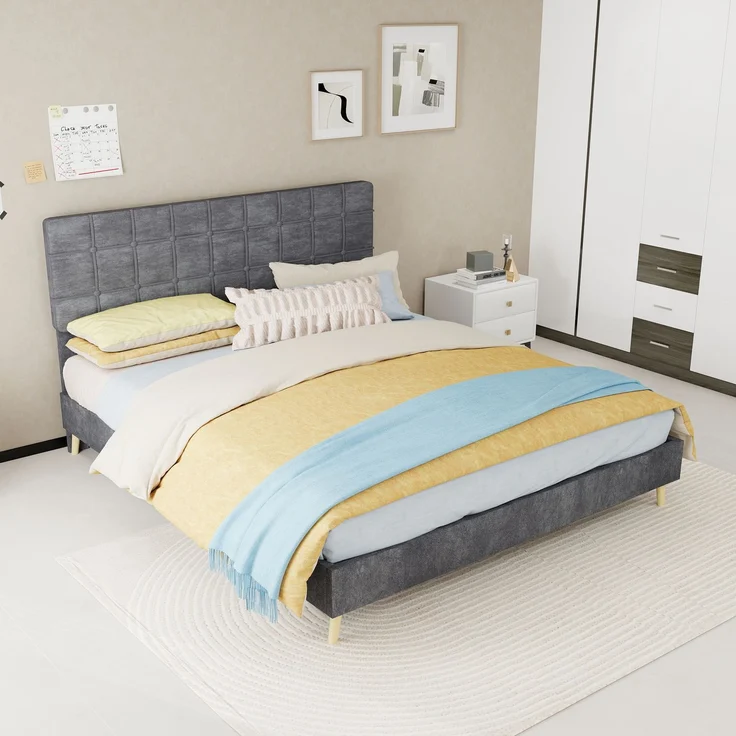 Novelux Polsterbett 160x200 cm mit gepolstertem Kopfteil im Karomuster - Stabiles Stoffbett Doppelbett mit Massivholzfüßen, Dunkelgrau, Skandinavisch – Bild 10
