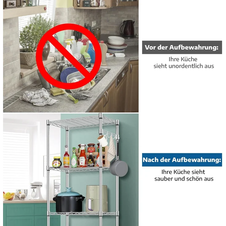 Küchenregal Regale Küchewagen Regal Rollen Metallregal Rollregal aus Verchromten Metall Stahl 5 Regalböden mit Rädern L59 x W35 x H183cm, Silber – Bild 5