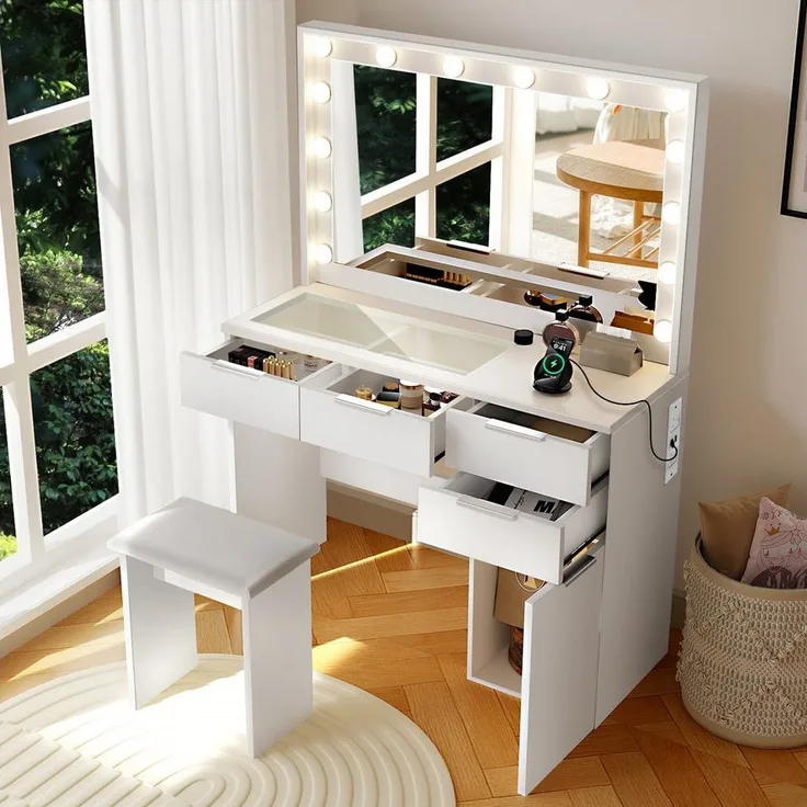 oyajia Schminktisch mit LED Beleuchtung, Gehärtete Glasplatte,mit Stuhl /Ladefunktion (Schlafzimmermöbel Vanity Set, verstellbare dreifarbige Kosmetikspiegel mit 12 LEDs, Touch-Dimmen), Make-up Tisch mit 5 Schubladen und 2 Europäische Stecker +2 USB