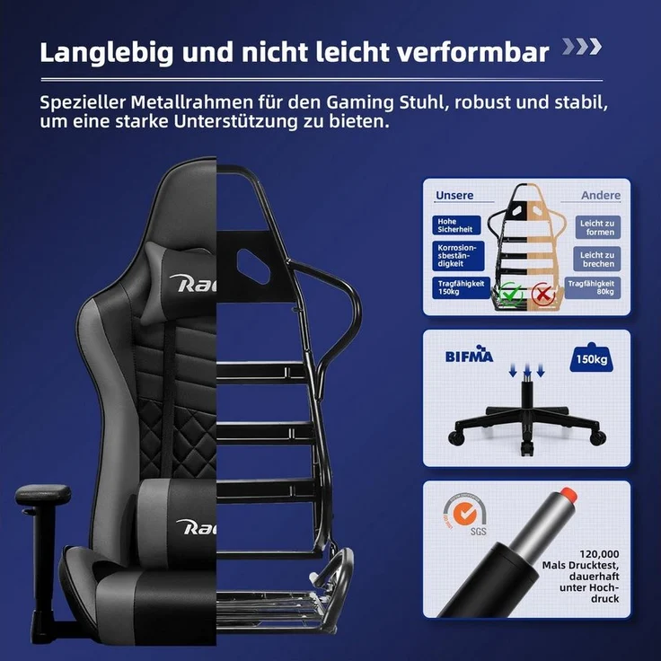 Hiazurm Gaming-Stuhl Gaming Stuhl, Bürostuhl Ergonomisch Wippfunktion bis zu 170° (Gaming Chair mit gepolsterten Armlehnen, 10 cm Höhenverstellung), Verstellbarem Lenden- & Kopfkissen, Gamer Stuhl 150kg Belastbarkeit – Bild 3