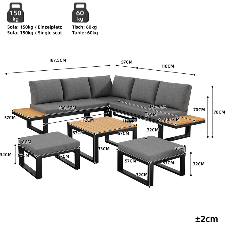 Merax Gartenlounge-Set, 7-Sitzer Gartenmöbelset mit 5 verstellbaren Rückenlehnenpositionen, Grau – Bild 4
