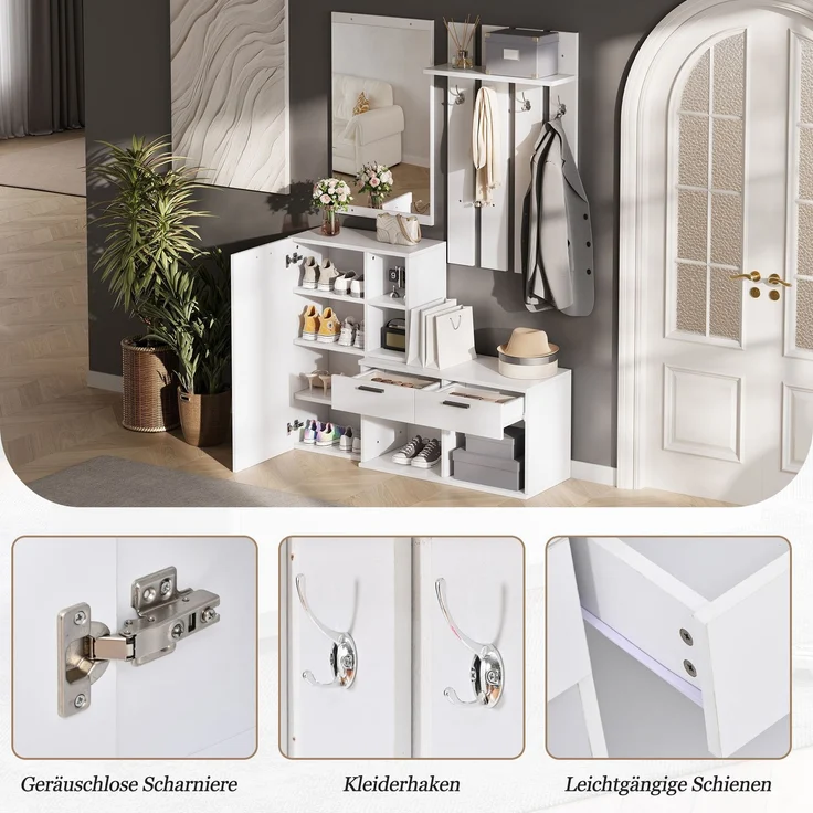 Garderobe im Flur,Garderobenständer für den Eingangsbereich, inklusive Schuhschrank, Spiegel und Kleiderhaken, Kompaktgarderobe mit 2 Schubladen,für Flur Eingangsbereich, Weiß,120x35x175.5cm – Bild 7