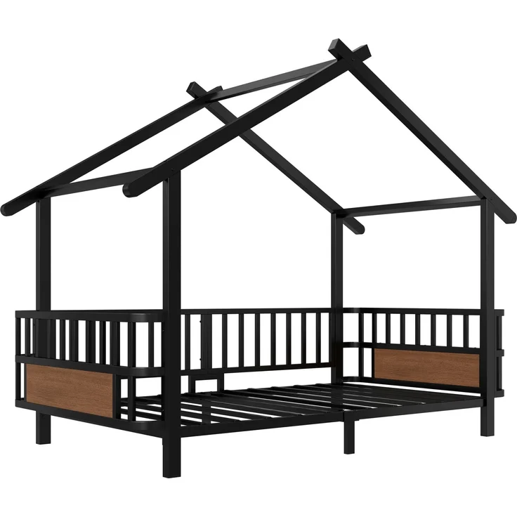 Kinderbett aus Metall in Hausform, 90 x 200 cm, mit Sicherheitsgitter, Dachdesign und dekorativem Rahmen, für Jungen und Mädchen, Schwarz – Bild 10
