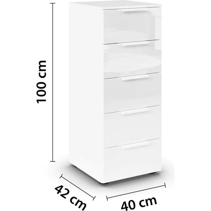 Rauch Möbel Flipp, schmale Hochkommode mit viel Stauraum für Flur, Wohnzimmer, Schlafzimmer, Alpinweiß/Glasfront Weiß, 5 Schubkästen, Griffe weiß, 40 x 100 x 42 cm – Bild 3