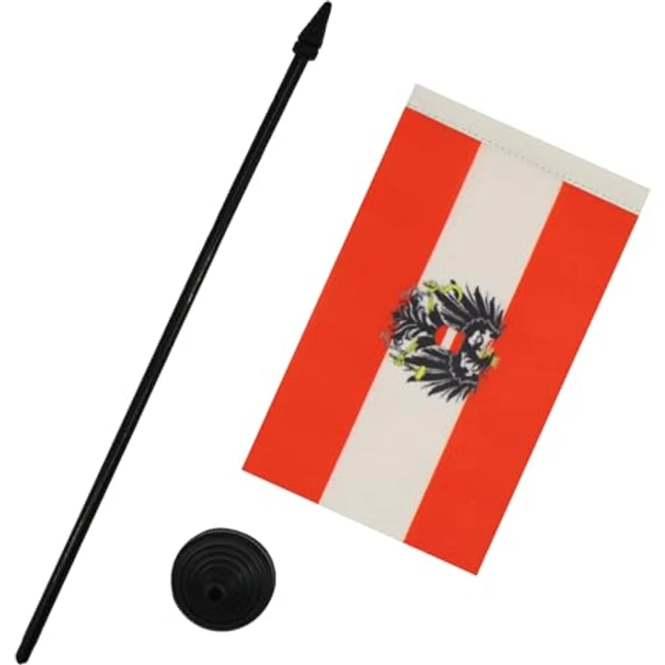 AZ FLAG 10 Stück Tischflagge Österreich mit Adler – 15 x 10 cm – 10 Mini-Österreichische Bürofahnen aus 100% Polyester mit Fahnenstange von 25 cm und Sockel aus schwarzem Kunststoff – Bild 3