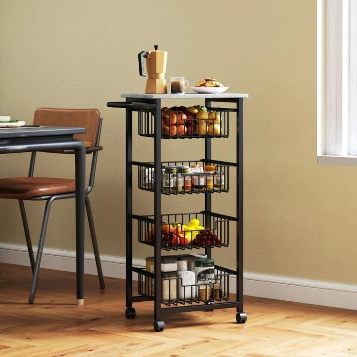 Küchenwagen mit 4 herausziehbaren Körben, pulverbeschichtetes Stahlgestell, 4 Rollen, elegant, bis 22kg, für Küche & Bar – Bild 2