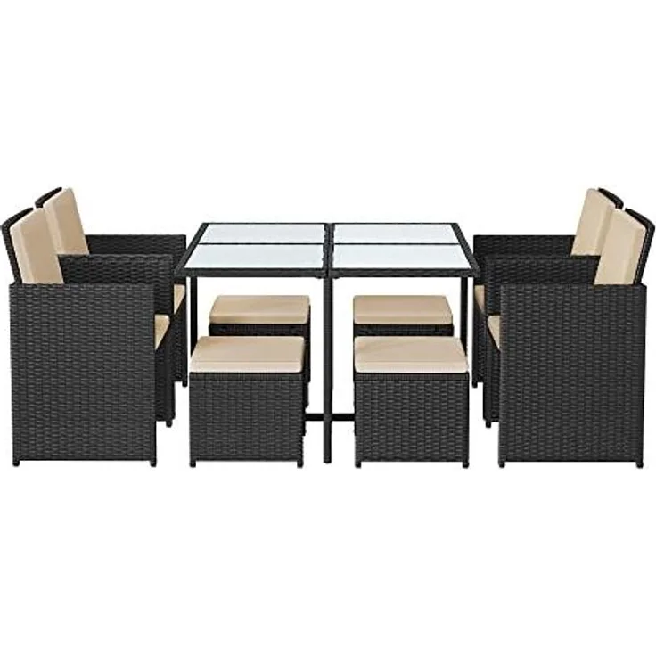 Songmics 9 tlg. Gartenmöbel-Set mit Kissen, aus PE-Rattan, Schwarz / Beige