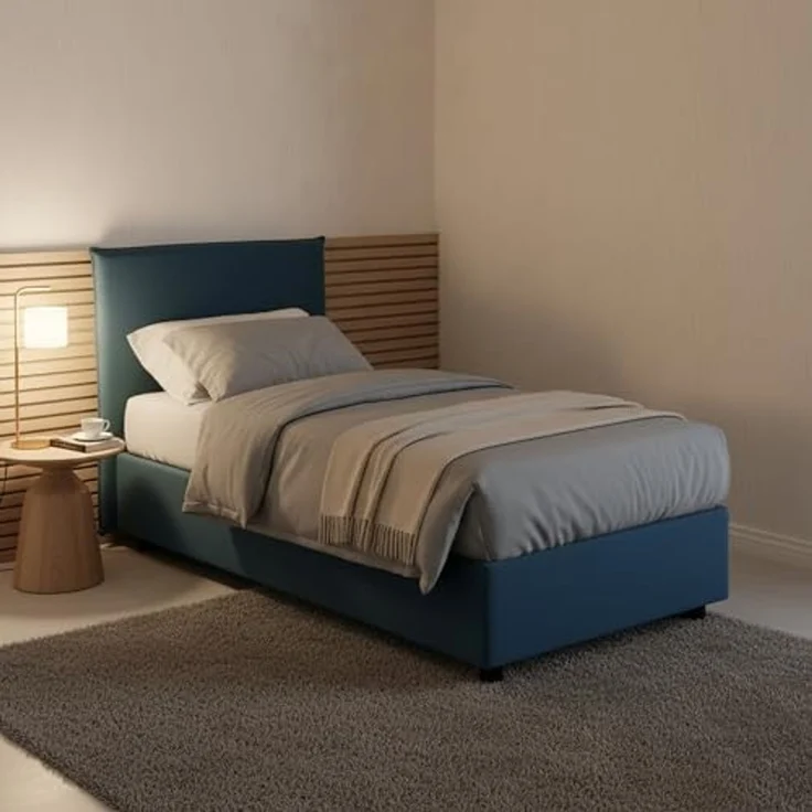 Talamo Italia - Bruna Einzelbett, Bettkasten mit Stoffbezug, 100 % Made in Italy, Öffnung vorne, geeignet für Matratze 80x190 cm, Blau – Bild 1