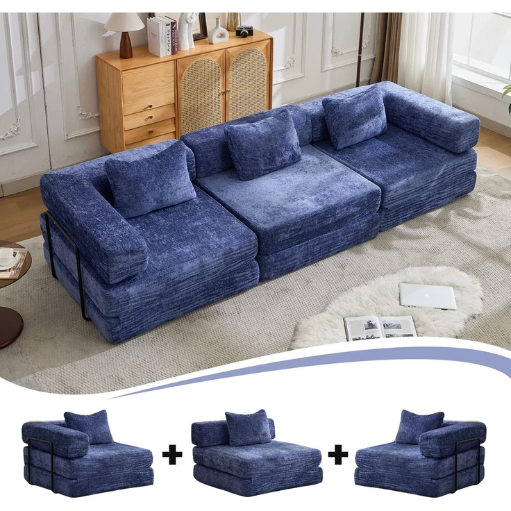 EINHOM komprimiert Sofa, Convertible Floor Sofa Bed mit Fixed-Shape Frame, rahmenlos Modular Ecksofa Sofa, Keine Montage erforderlich, Chenille fabric, für Wohnzimmer Schlafzimmer, Dark Blau – Bild 2