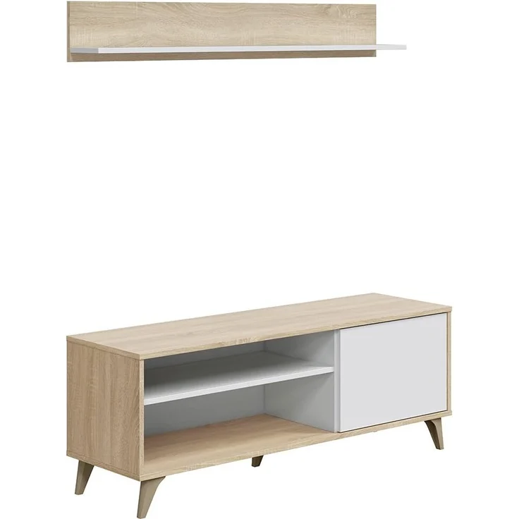 Homey Moderner TV-Schrank mit 1 Tür und 2 Fächern + L-Regal, Modell Kera, Finish in Weiß und kanadischer Eiche