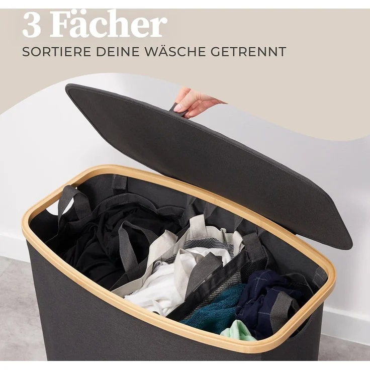 HENNEZ Wäschekorb Wäschebox 150L - Wäschekorb 3 Fächer mit Deckel, Wäschesortierer mit Wäschesack, schwarz Bambus – Bild 4