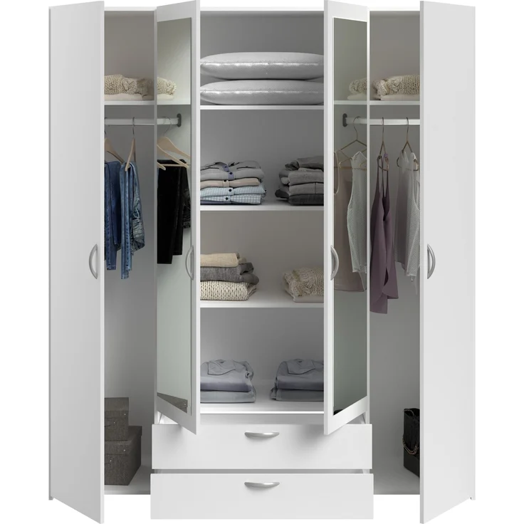 Drehtürenschrank >Daily 3< 4 Türen, 2x Spiegel, 2 Schübe, in Weiss - 160x185x51cm (BxHxT) – Bild 3