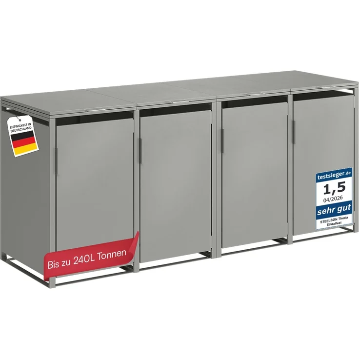 STEELSØN 'Thoria' Mülltonnenbox 4er je 240 Liter, grau, Mülltonnenverkleidung aus Stahl, wetterfest, 116x80x268 cm, Müllbox für 4 Tonnen – Bild 1