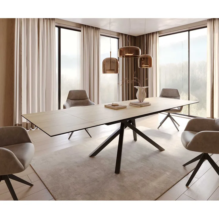 Esstisch Edge 200-300x100 Keramik Laminam® Sabbia Eichefarbig Kreuzgestell Rechteck Schwarz ausziehbar