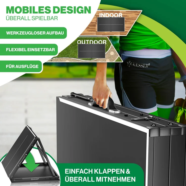 KESSER® Tischtennisplatte Mini mit Tischtennisschläger-Set, Tischtennisbällen und TT-Netz | Indoor | Unterwegs, laminierte Platte + klappbar – Kofferdesign, Kinder und Erwachsene – 153 x 76,5 cm Schwarz / Schwarz – Bild 3