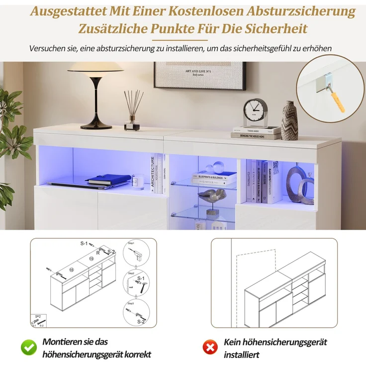 DESVIAE Sideboard mit LED-Beleuchtung und 3 Türen 155,5x72x35 cm Spanplatte Weiß – Bild 5