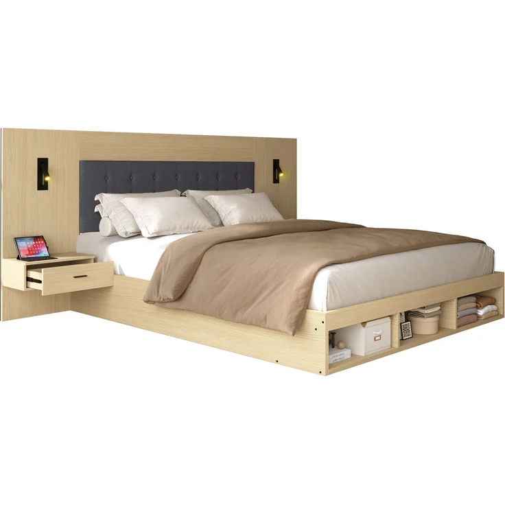 Merax Doppelbett 160*200cm, Stauraumbett, holzbett, Jugendbett, mit USB& Type-C-Ladestation und Leselampe, mit 2 Nachttische, heller Eichenfarbe – Bild 10