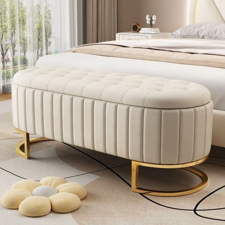autolock Bettbank Stauraum-Schlafkoffer und Fußbank 120x40 cm, gepolsterte Fußbank, Bettbank mit Stauraum, Sofabank Bank, Samtstoff beige – Bild 1