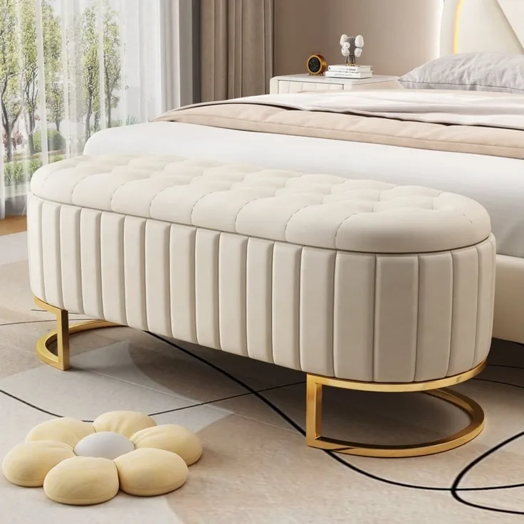 autolock Bettbank Stauraum-Schlafkoffer und Fußbank 120x40 cm, gepolsterte Fußbank, Bettbank mit Stauraum, Sofabank Bank, Samtstoff beige