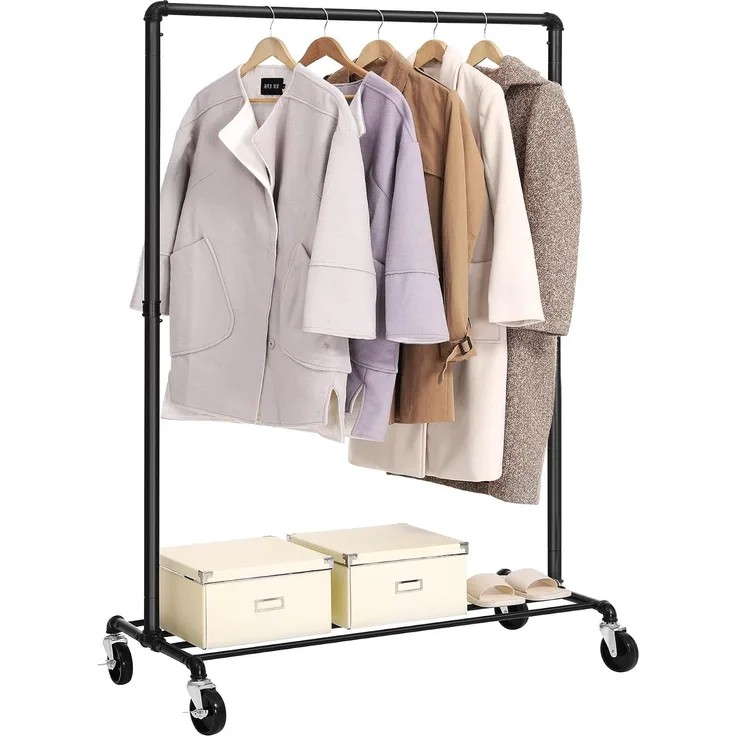 Songmics Kleiderständer auf Rollen, bis 90 kg belastbar, im Industriedesign, Metall-Garderobenständer mit 1 Kleiderstange und Ablage, Schwerlast, für Schlafzimmer, Waschküche, schwarz
