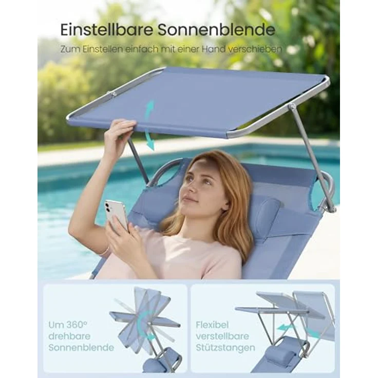SONGMICS Große Sonnenliege GCB022Q01, klappbarer Liegestuhl mit Sonnenschutz, Kopfstütze und verstellbarer Rückenlehne, blau, für Garten, Pool und Terrasse, Belastbarkeit 150 kg – Bild 4