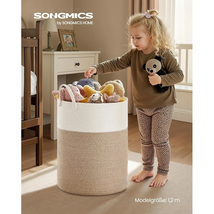 SONGMICS Wäschekorb, 80 L Wäschesammler für Kinder, Baumwollseil, mit Henkel, für Kinderzimmer, weiß-graubraun – Bild 2