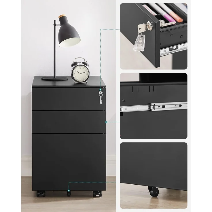 Rollcontainer, Aktenschrank, mit 3 Schubladen, vormontiert, abschließbarer Büroschrank mit Hängeregistratur, Stahl, Schwarz, 52 x 39 x 60 cm – Bild 3