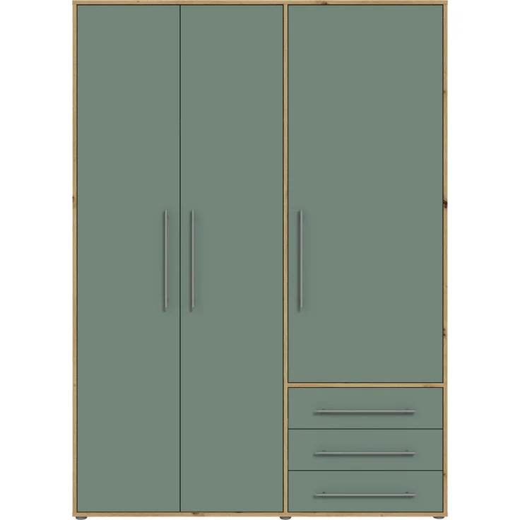 Forte MOKKARIS Kleiderschrank 140 150, 3-türig, 2 Schubladen, Einglegeböden, Kleiderstange, Holzwerkstoff, Sonoma Eiche Holzdekor / Salbei, 144,4 cm breit x 200,1 cm hoch x 52,7 cm tief – Bild 2
